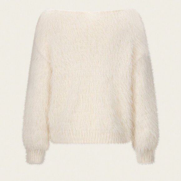 Beige Casual Women's Laid-Back Soft Fluffy Sweater - Picture 2 of 7